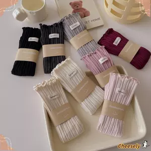 Tất Ruffle 1 Cặp, Tất Dệt Kim Màu Trơn Phong Cách Nhật Bản JK, Tất Cotton Giữa Ống Bé Gái