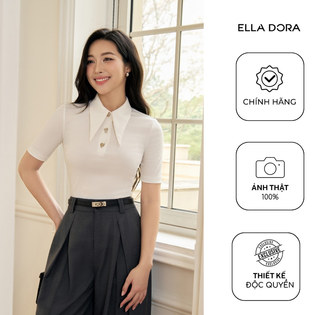 Áo thun nữ ELLA DORA thiết kế cổ nhọn nẹp cúc form ôm hiện đại dễ mặc 4 mùa 3 màu ĐỎ/ĐEN/TRẮNG[AT74]