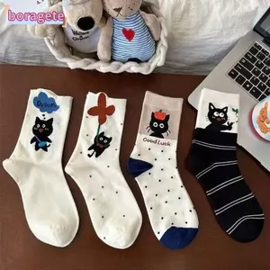BORAGETE 1 Đôi Tất Nữ, Tất Ống Giữa Thoải Mái Thông Thường, Cotton Mềm Mại Dễ Thương Hoạt Hình Mèo Rời Tất Quà Tặng
