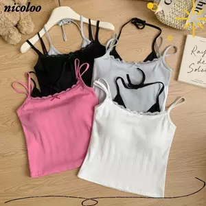 NICOLOO Ren Viền Camisole, Áo thon gọn không tay, Đồ lót ngọt ngào có đệm cốc treo áo Vest cho nữ