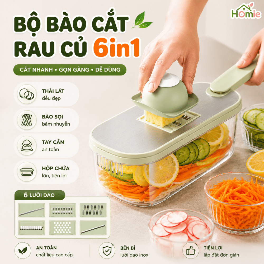 Bộ Nạo Rau Củ 6 Lưỡi Dao Kèm Khay Đựng Và Tay Cầm Bảo Vệ HOMIE, Dụng Cụ Bào Sợi Đa Năng, An Toàn
