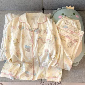 Đồ Ngủ Vật Lý Xuyên Biên Giới Quần Dài Dài Tay Cardigan Cổ Bẻ Bông Mây Xuân Thu Cho Nữ Bộ Đồ Mặc Nhà Rộng Rãi Ngọt Ngào