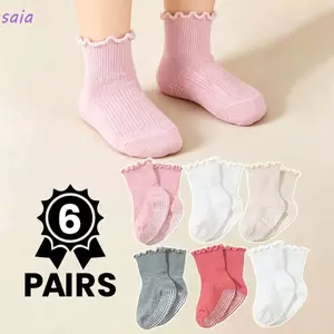 SAIA 6 Đôi Tất Trẻ Sơ Sinh, 6 Đôi Tất Sàn Chống Trơn Trượt, Mềm Mại Trong Suốt Mùa Vải Thoáng Khí Thiết Kế Xù Cho Bé Gái