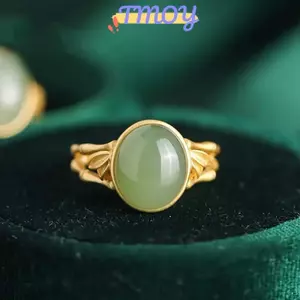 TMOY Cổ Màu Vàng Thủ Công Kẻ Sọc Xanh Bầu Dục Hotan Ngọc Tre Sáng Tạo Mở Có Thể Điều Chỉnh Nhẫn Cho Nữ Trang Sức Cổ Điển Thanh Lịch TMOY