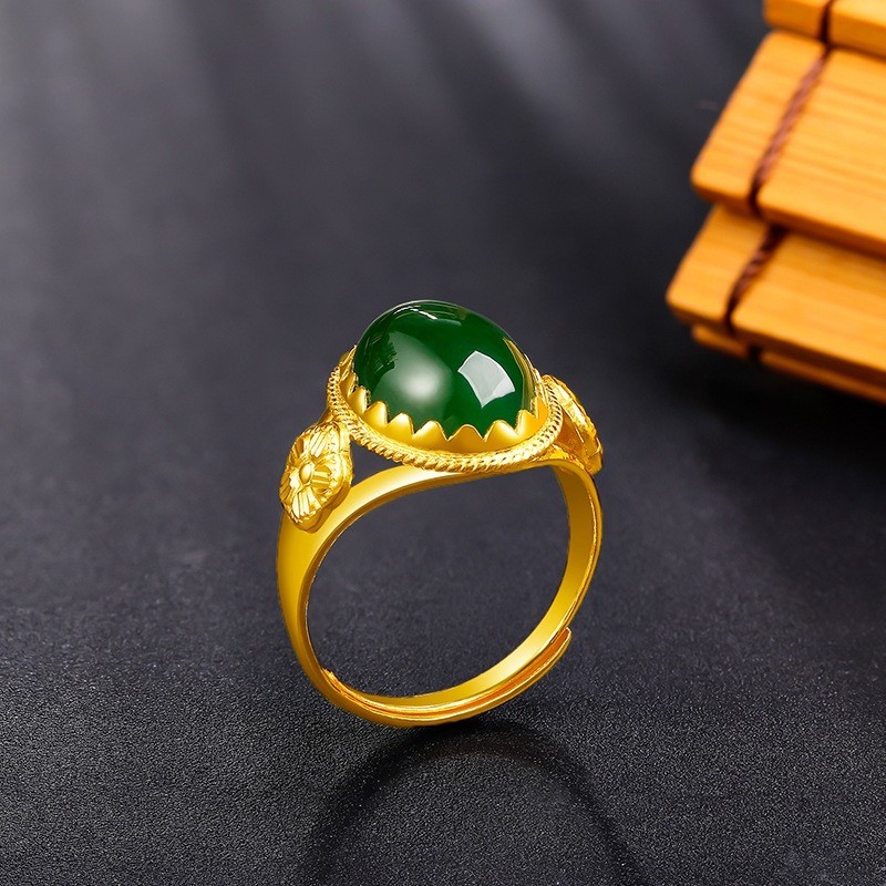 Nhẫn ngọc Hetian dát vàng có lỗ mở có thể điều chỉnh