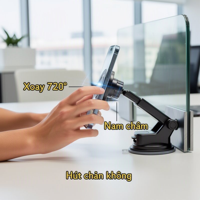 Gia Đỡ Điện Thoại Từ Tính Hút Chân Không Xoay 360 Độ Hỗ Trợ MagSafe Gắn Ô Tô Bàn