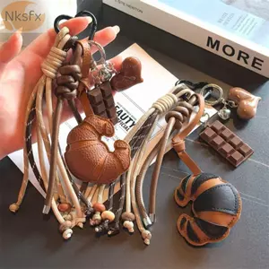 NKSFX Móc Khóa Croissant, Mặt Dây Chuyền Túi Trái Tim Socola, Dây Bện Hình Bánh Mì Da Điện Thoại Di Động Dây Túi Trang Trí