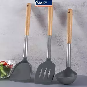MAKY Silicone Dụng Cụ Nhà Bếp Tay Cầm Bằng Gỗ Nồi Chống Sti Đồ Dùng Nhà Bếp Nấu Ăn Thìa Canh Chịu Nhiệt Pasta Rây Xẻng VN