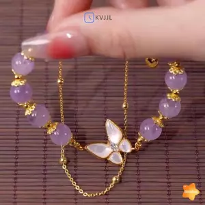 Vòng tay mặt dây chuyền hình con bướm đính cườm màu tím hai lớp dành cho nữ Cô gái Trang sức thời trang Quà tặng mới