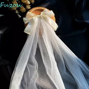 FUJIOU Đám cưới Khăn che mặt cô dâu, Vải tuyn cô dâu màu trắng nhiều lớp, Kẹp tóc ngắn thanh lịch tinh tế Ngọc trai nơ Veil Phụ kiện tóc cho bé gái