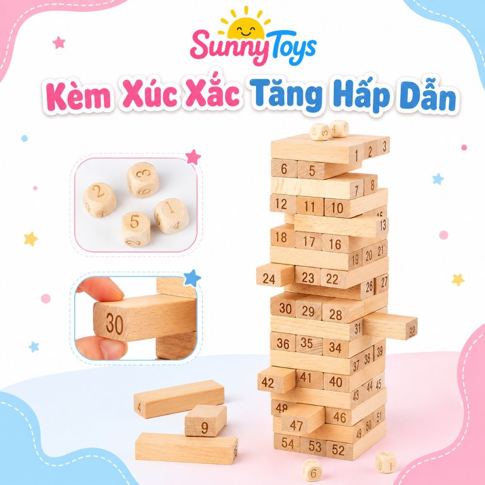 Tháp Rút Gỗ 51 Thanh SunnyToys - Trò Chơi Xếp Khối In Số Cho Bé Chơi Cùng Gia Đình