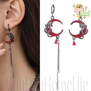 Bông tai bất đối xứng Đá quý mặt trăng đỏ - Bông tai Gothic - Mặt dây đeo tai tối theo phong cách Hip-pop Gothic cá tính - Phụ kiện trang sức - Khóa tai dây chuyền tua rua / Giao hàng miễn phí