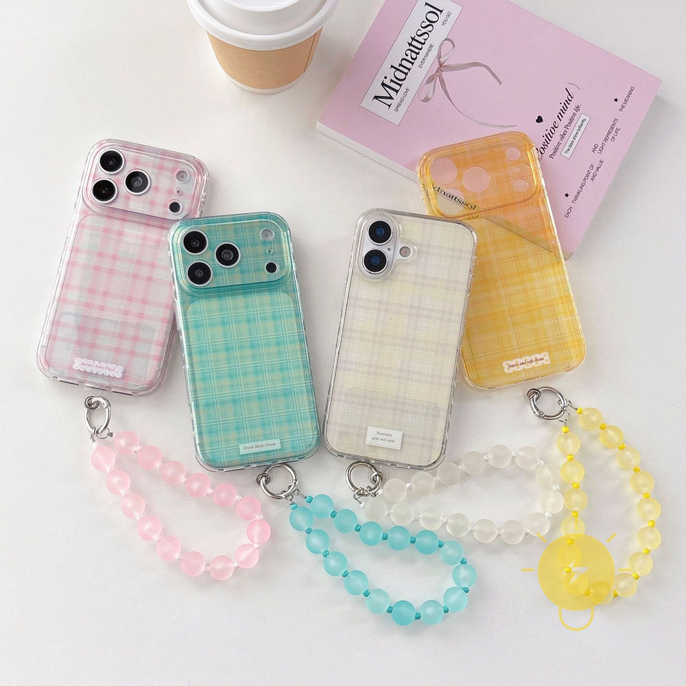 Phone Case For iPhone 17 Pro Max 16 15 TPU Transparent Keychain Chain Colorful Heart Grid Aesthetic Korean Cute