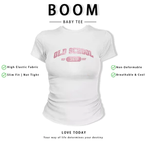 BOOM Áo Baby Tee Nữ Cotton Ôm Body-Áo Thun Ngắn Tay Y2K In Hình PhongCách Mùa Hè, Cổ Tròn Hàng Đầucách hàn quốc phong648