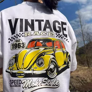 Volkswagen Beetle in hình Mỹ retro xe máy nam nữ cổ tròn dáng rộng 100% Cotton cao cấp Áo thun ngắn tay