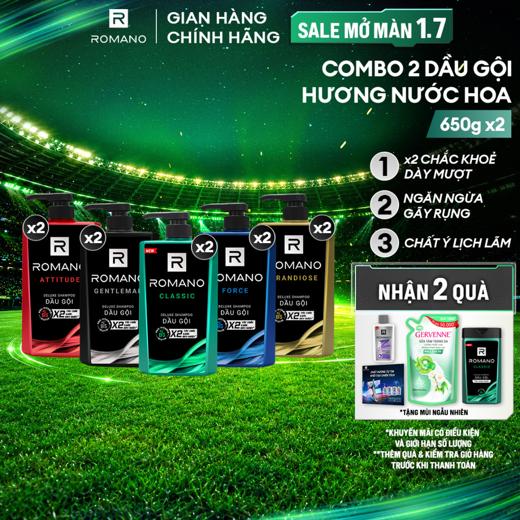 Combo 2 Dầu gội nam Romano hương Nước hoa nam Attitude/Gentleman/Force/Classic 650g - 4 Mùi