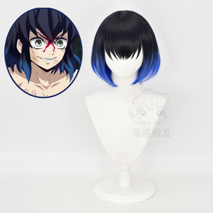 Đầu tóc giả cosplay Hashibira Inosuke màu đen xanh, ngắn, chịu nhiệt ...