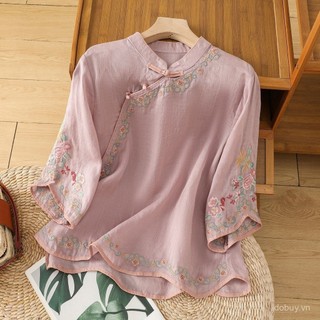 Mới! Áo sơ mi nữ phong cách Trung Quốc retro, thêu tay từ cotton và vải lanh, phù hợp cho mùa hè.