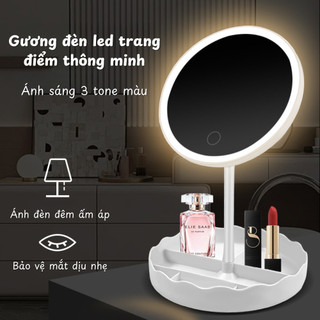 Gương Đèn LED Trang Điểm Thông Minh 3 Chế Độ Sáng, Gương Makeup Để Bàn Kèm Khay Đựng Đa Năng
