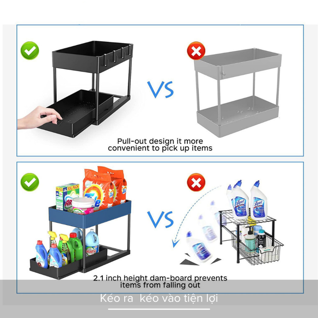 M6 Kệ Đựng Đồ Dưới Bồn Rửa Bát,Kệ Đựng Đồ 2 Tầng Khung Thép Carbon,Ngăn Chứa Có Thẻ Kéo Ra Tiện Lợi