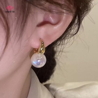 Vòng bông tai nữ màu vàng dày tròn với hạt ngọc trai, phong cách Hàn Quốc mới