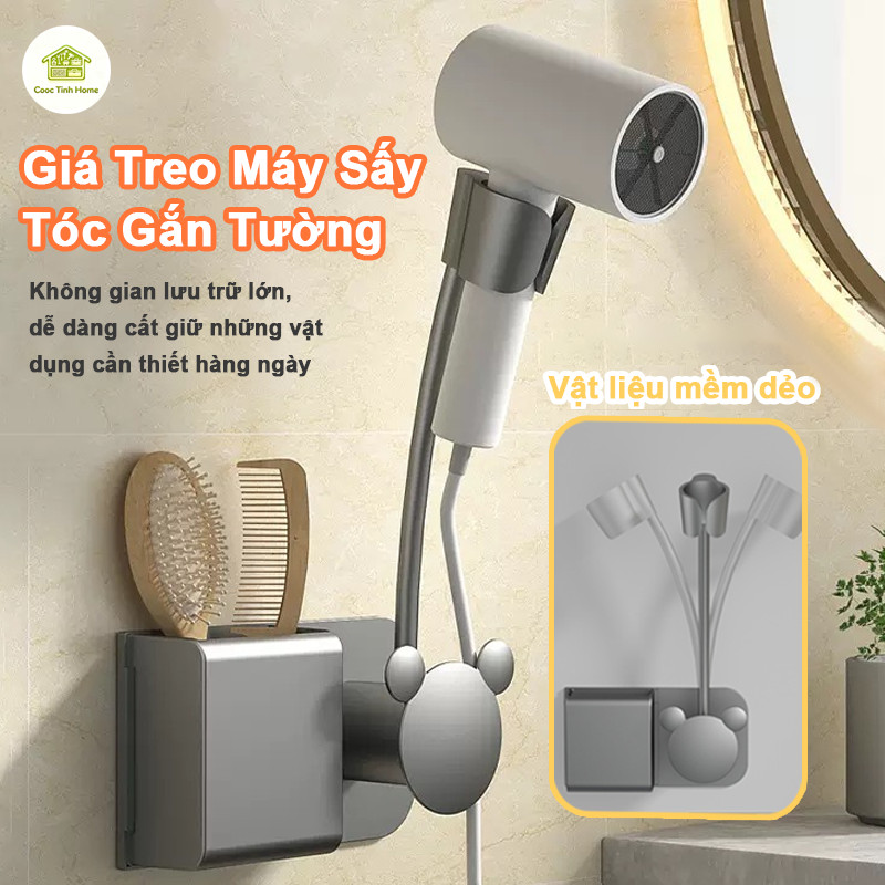 Giá Treo Máy Sấy Tóc Gắn Tường, Kệ Dán Tường Nhựa ABS Đa Năng Có Ngăn Đựng Đồ Tiện Lợi Phòng Tắm