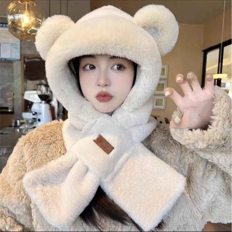 Mũ Trùm Đầu Tai Gấu Kèm Khăn Chất Liệu Lông Mềm Thời Trang Mùa Đông Cho Nữ.