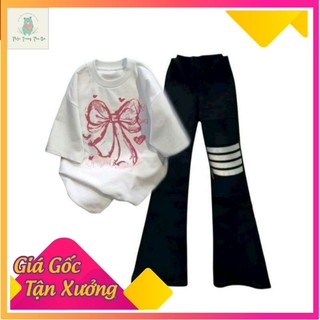 sét bộ quần ống loe + mix áo phông nơ Loang form rộng-
