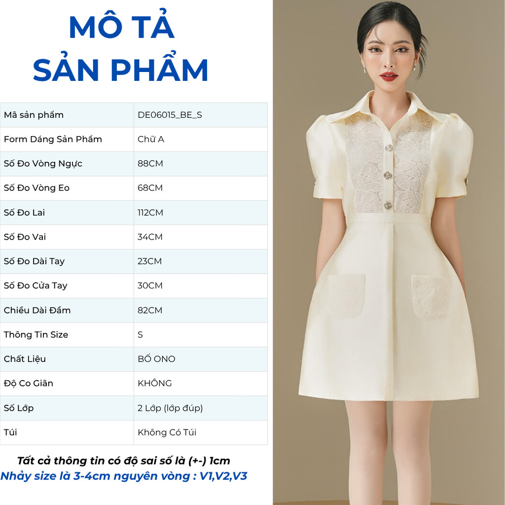 [SALE] Đầm Nữ Form A GUMAC 2 Túi Ốp Phối Ren Tay Ngắn Phồng Đính Nút Sang Trọng DE06015
