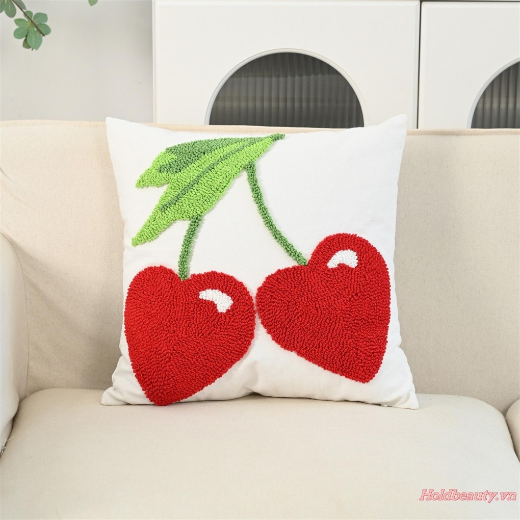 Vỏ đệm dễ thương Vỏ gối ngày lễ thêu hoa anh đào màu đỏ và xanh lá cây cho ghế Sofa