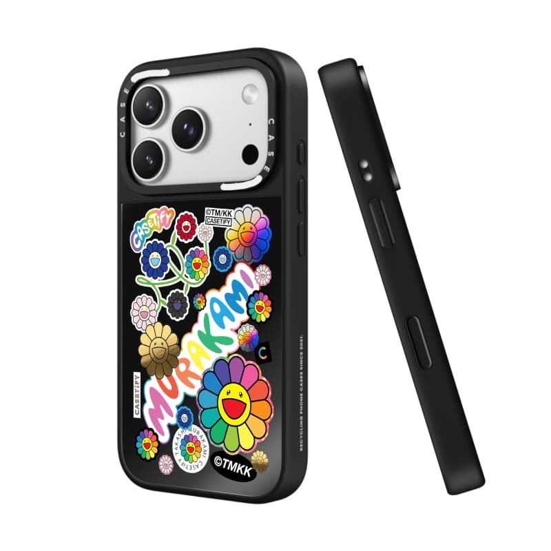 TAKASHI MURAKAMI x CASECASE: HOA BLOOM FLOWERS STICKER MANIA Gương đen & bạc Vỏ iPhone hút từ tính cho iPhone 17 Air 16 15 14 13 12 Pro Max Plus logo khắc