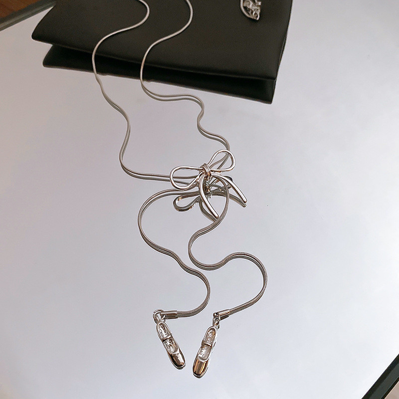 Màu Bạc Nơ & Giày Ba Lê Vòng Cổ Lariat Cho Nữ, Balletcore Dainty Tối Giản Có Thể Điều Chỉnh Tua Rua Trang Sức