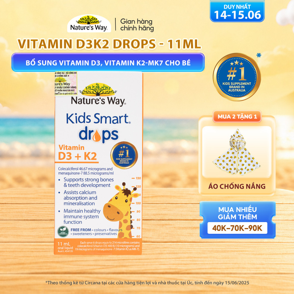 Vitamin D3K2Nature's Way, Với Dầu Hoa Hướng Dương Organic, Giúp Bổ sung VitaminD3, K2-MK7 Cho Trẻ Sơ Sinh Hộp 11ml