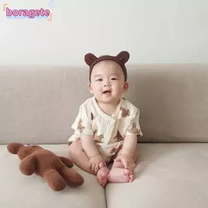Dây buộc tóc BORAGETE, Băng đô Cotton bảo vệ Fontanelle, Tai hoạt hình co giãn mềm mại dễ thương Phụ kiện tóc cho bé