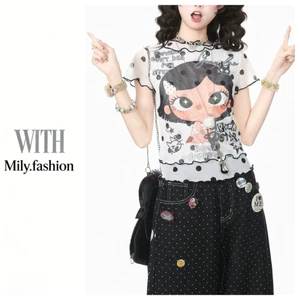 Milyfashion Gạc Hoạt Hình In Hình Áo Thun Ngắn Tay Mùa Hè Chấm Bi Nấm Edge y2k Slim-fit Slimmer Look Ngắn Top STG