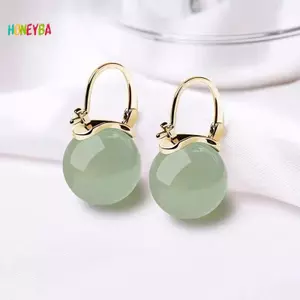 < Honeyba > Bông tai hạt ngọc bích phong cách cổ xưa Bông tai khí chất thời trang nhẹ nhàng dành cho nữ Cô gái Bông tai cổ điển Phụ kiện trang sức Quà tặng đẹp