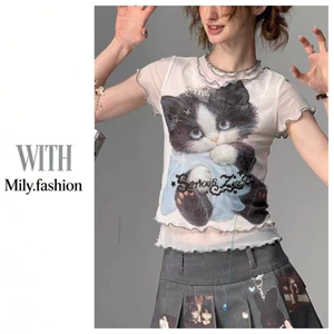 Milyfashion Mỹ Retro Giả Hai Mảnh Mèo In Gạc Trắng Tay Ngắn T Mùa Hè Mỏng Tất Cả Trận Đấu Ngắn Top Cho Bé tee