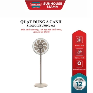 QUẠT ĐỨNG SUNHOUSE 8 CÁNH SHD7346B, Điều khiển cảm ứng, Tích hợp điều khiển từ xa, 3 chế độ gió, Hẹn giờ lên đến 9h