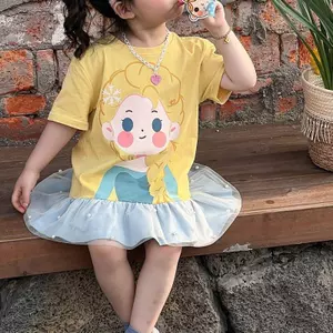 Bé gái (90-140) Khâu gạc Mùa hè Phong cách mới Phiên bản Hàn Quốc Váy công chúa T Aisha hoạt hình dễ thương