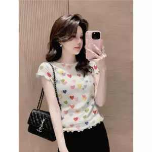 Áo thun ngắn tay gạc in hình tình yêu đầy màu sắc Mùa hè Người yêu nữ tính Slim-fit Slimmer Look Top