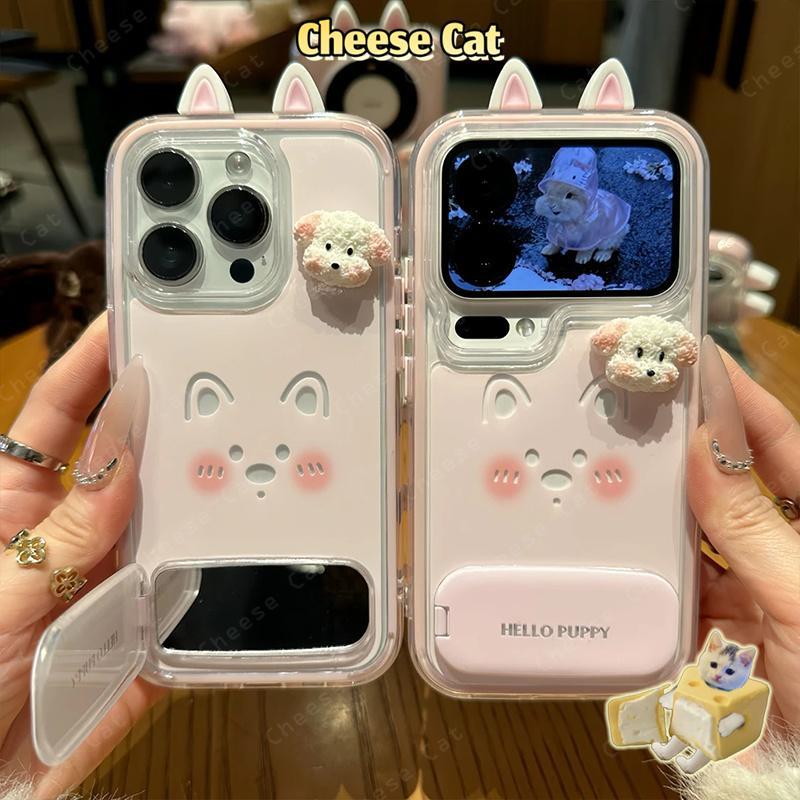 Ốp điện thoại tai chó con 3D dễ thương dành cho iPhone 13 14 15 Plus 16 12 11 17 Pro Max Ốp lưng kèm gương trang điểm
