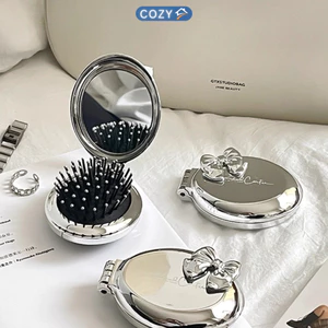 Gương Kèm Lược Gấp Gọn 2 Trong 1, Gương Soi Mini Đính Nơ Tráng Bạc Sang Trọng Phong Cách Tiểu Thư
