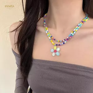 PNPIA- Hai Lớp Nhiều Màu Sắc Đính Hạt Hoa Mặt Dây Chuyền Nelace Cho Bé Gái Nữ Handmade Hạt Choker Bohemian Nelace Món Quà Trang Sức