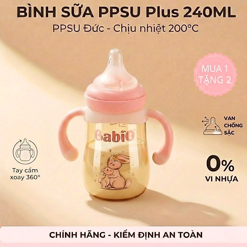 Bình Sữa Babi1 240ml PPSU Plus Không Vi Nhựa Cổ Rộng Có Tay Cầm Tặng Kèm Quà Chính Hãng