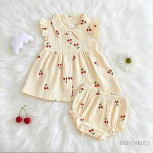Bé Gái Đáng Yêu In Hình Anh Đào Không Tay Ve Áo Nút Lên Áo Với Bộ Quần Short Phù Hợp