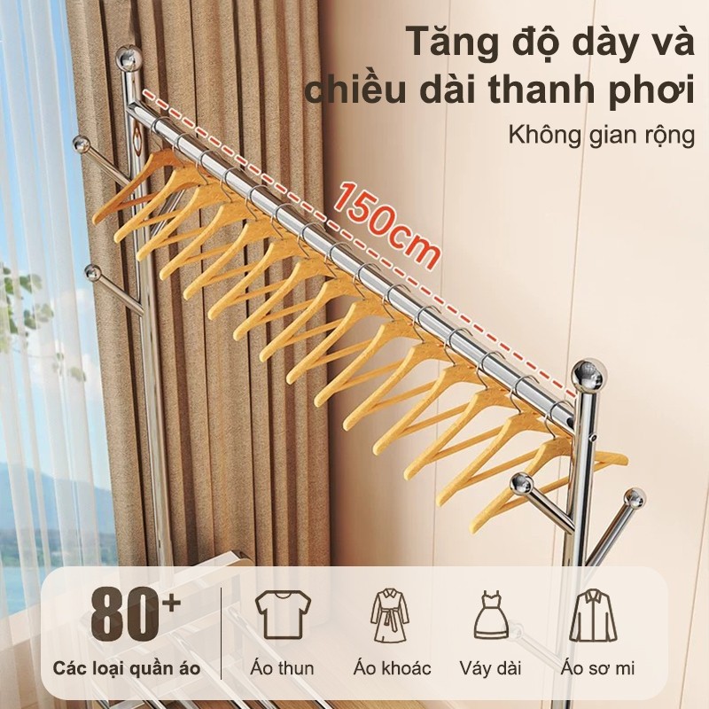 𝐎𝐥𝐢𝐟𝐞 Giá treo quần áo inox dày 2 tầng bánh xe độ chống gỉ giá phơi đồ đa năng chứa giày mũ túi cho phòng