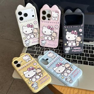 Ốp lưng tai mèo áo lông vũ Hello Kitty ôm gấu dễ thương, phong cách ins nữ tính cặp iPhone 16/17/15/14/13/12/11/X/XS Max