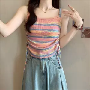 Dopamine Sọc Nhiều Màu Sắc Dây Rút Dệt Kim Áo Nữ Mùa Hè Phong Cách Mới Mặc Ngoài Niche Hot Girl Áo Ngắn