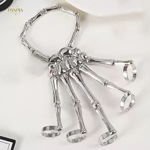 PNPIA- Punk Skeleton Tay Xương Năm Ngón Tay Vòng Tay Có Thể Điều Chỉnh Vòng Tay Halloween