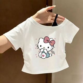 Áo thun bé gái in hình dễ thương mùa hè - áo croptop lệch vai ôm dáng tôn eo thời trang Hàn Quốc